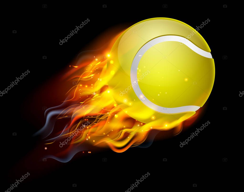 A flaming tennis ball on fire flying through the air