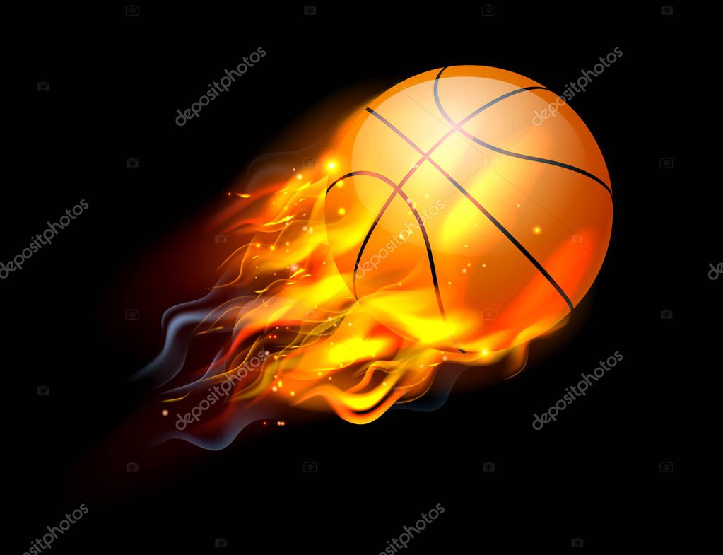 A flaming basketball ball on fire flying through the air