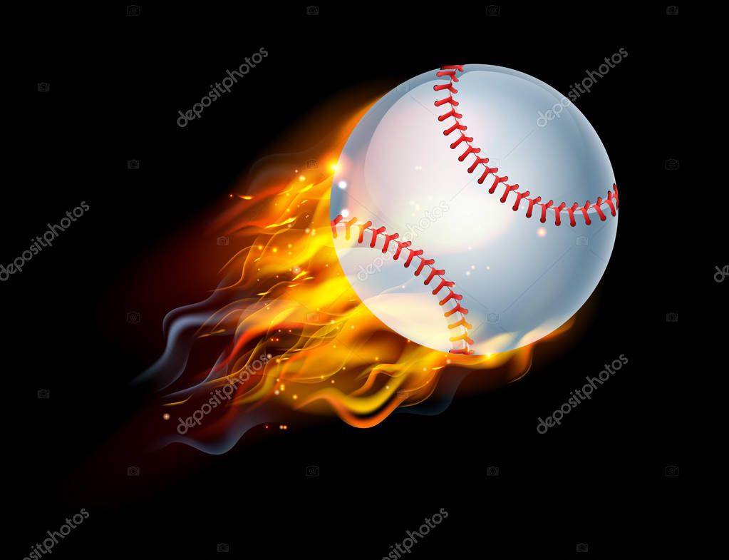 A flaming baseball ball on fire flying through the air