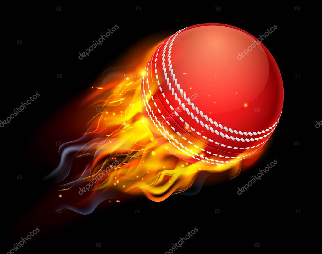 A flaming cricket ball on fire flying through the air