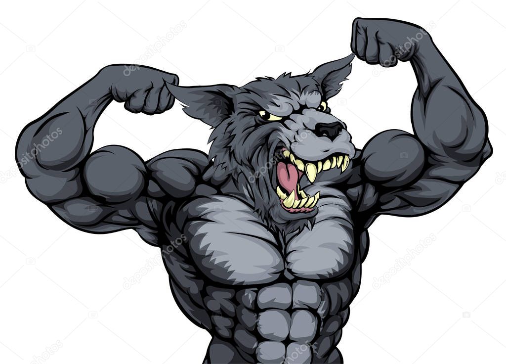 Wolf animal mascot showing off his biceps and ready for a fight