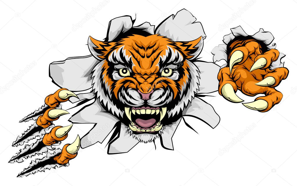 Tiger animal sports mascot character ripping through the background with his claws