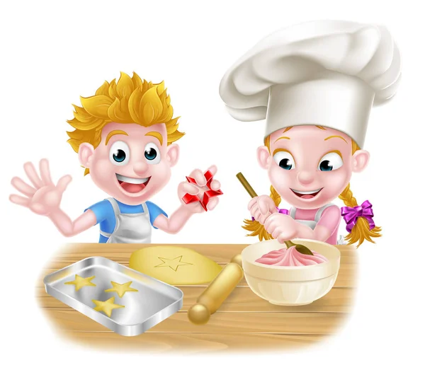 Мультфільм хлопчик і дівчинка випічки — стоковий вектор