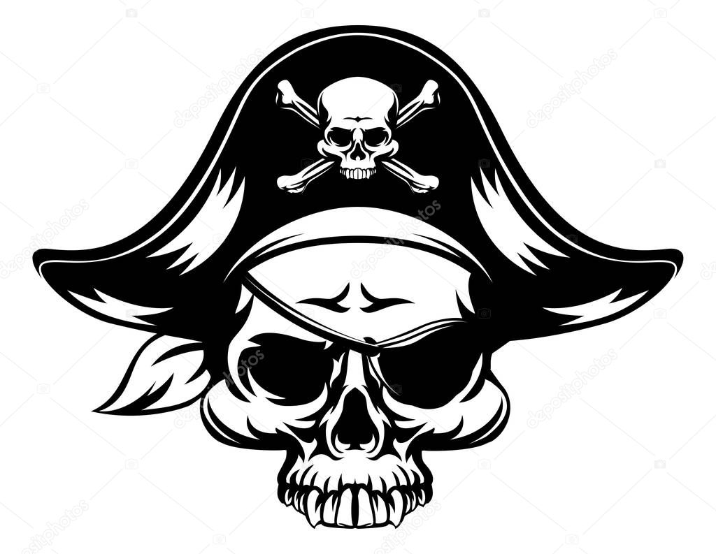 A pirate Skull wearing a tri corn captains hat and an eye patch