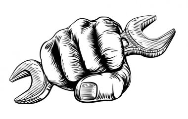 Spanner Woodcut Fist Hand clipart