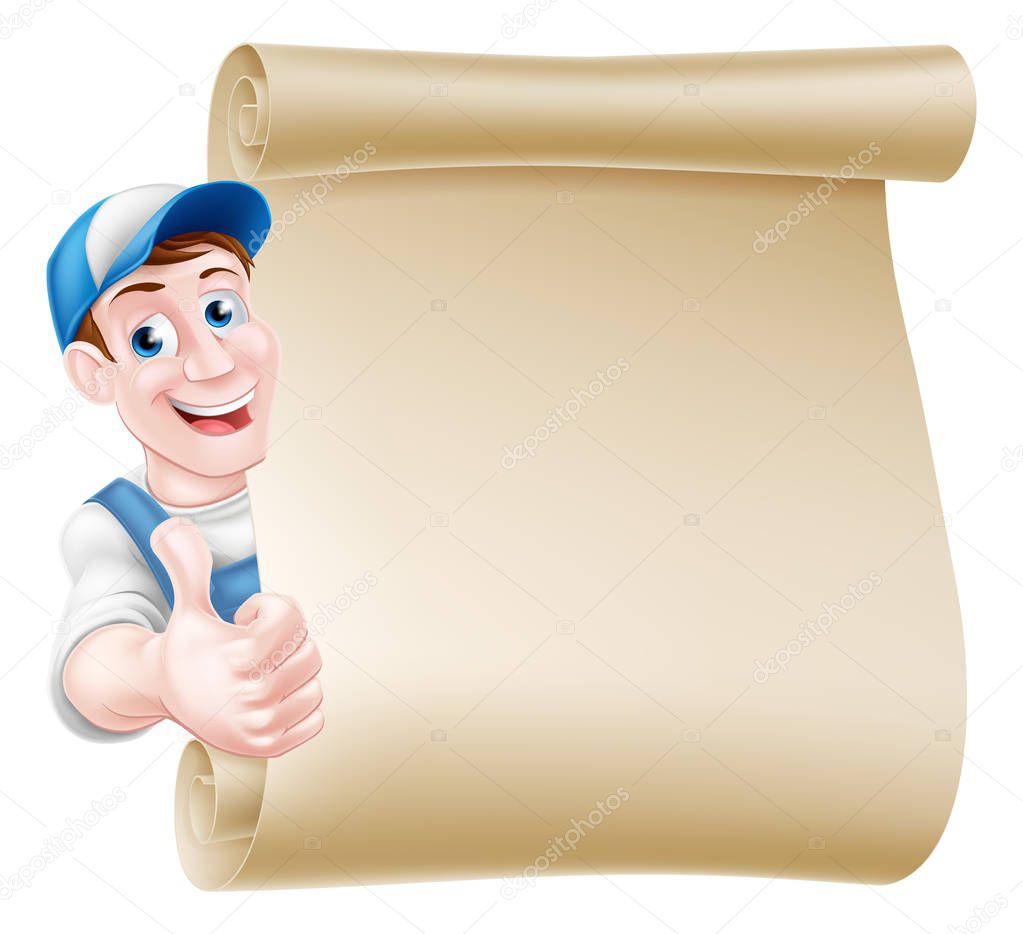 Cartoon mechanic, plumber, handyman, decorator or gardener leaning around a scroll and giving a thumbs up