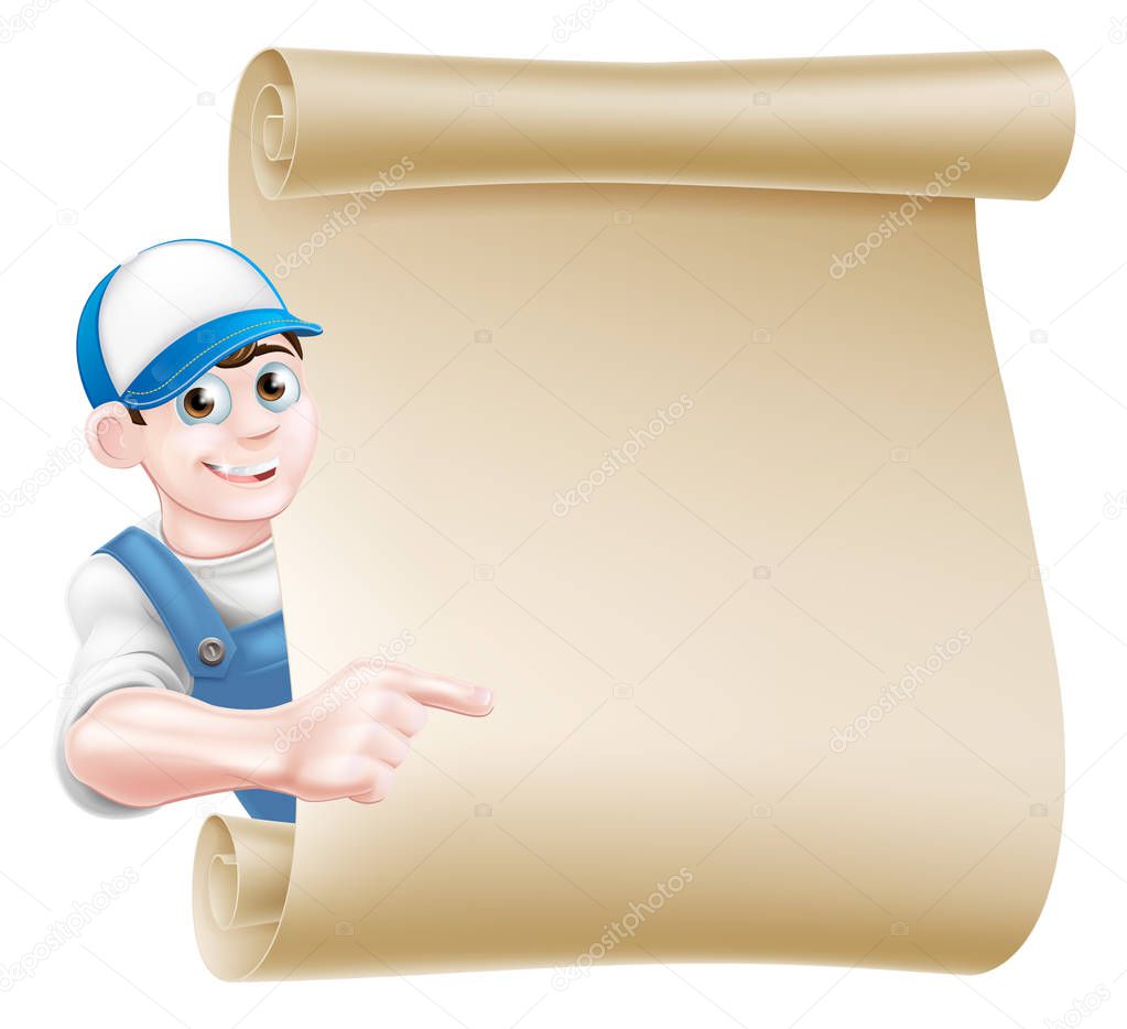 A pointing cartoon mechanic, plumber, handyman, decorator or gardener leaning around a scroll and pointing at a message on it
