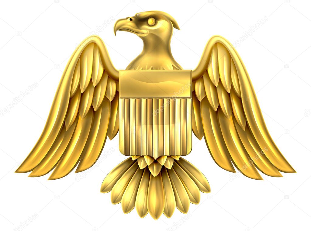 Gold metal American Eagle Design with bald eagle of the United States with American flag shield