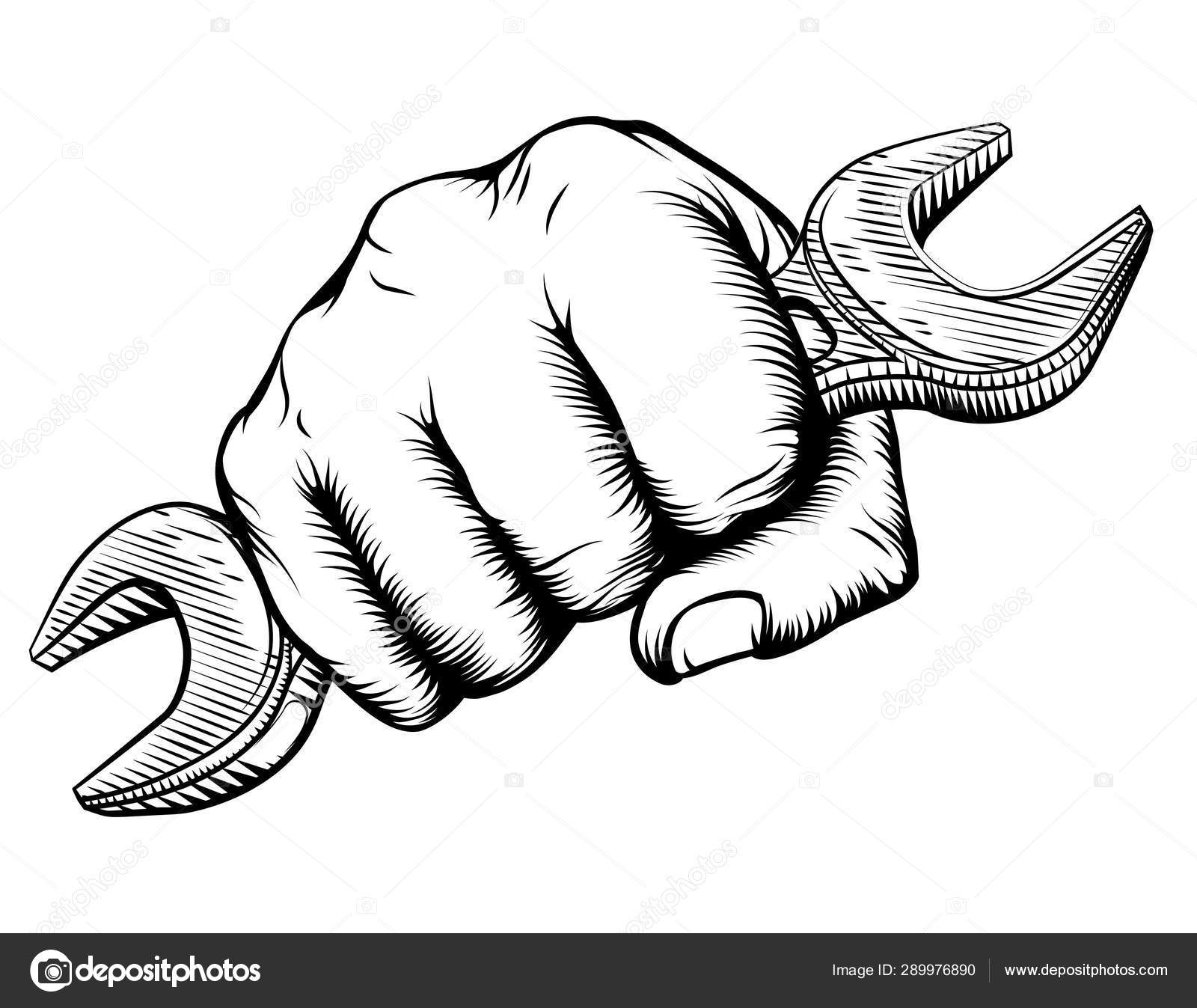Woodcut Fist Hand Holding Spanner Wrench Stock Vector by ©Krisdog 289976890