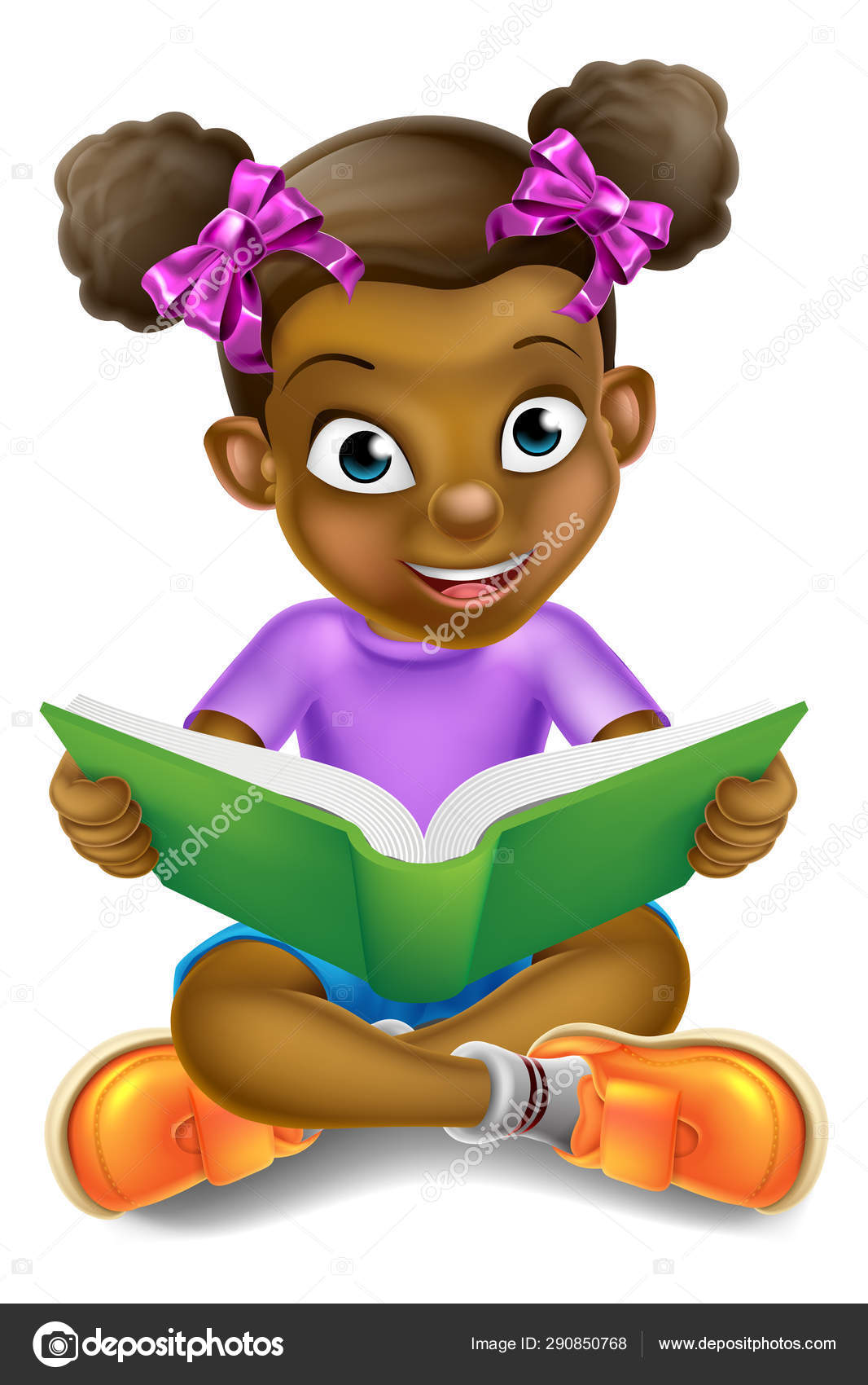 Fille enfant personnage de dessin animé lecture D'UN livre Image
