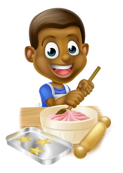 Cartoon schwarzer Junge backt Kuchen — Stockvektor