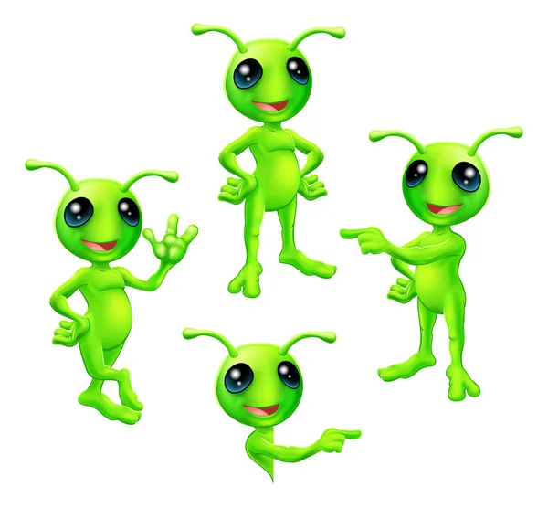 Cartone animato verde Alien Set — Vettoriale Stock