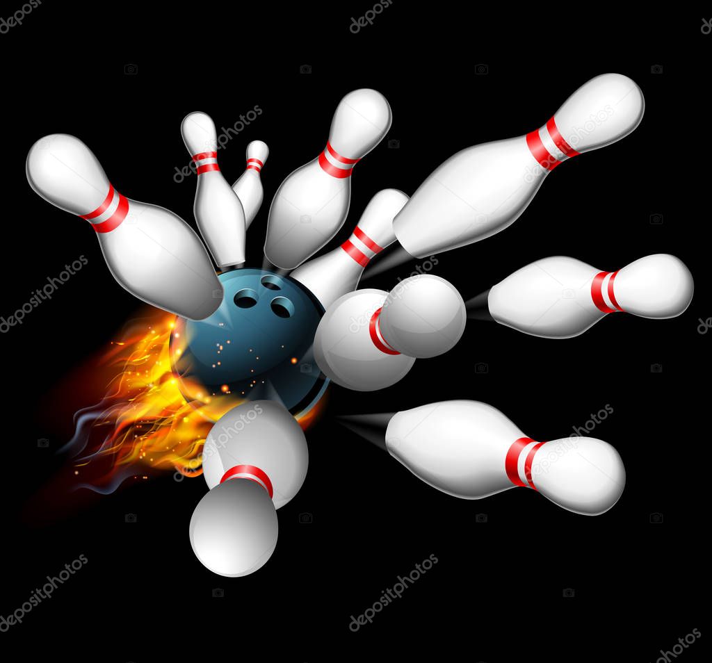 A flaming bowling ball smashing into pins getting a strike