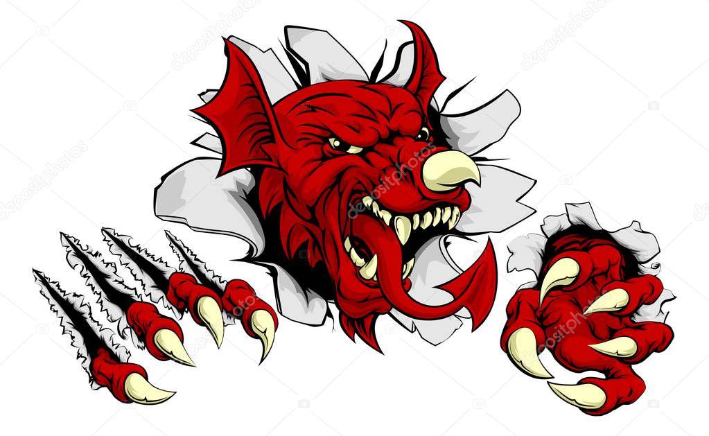 Welsh red dragon Y Ddraig Goch with the same features as on the flag of Wales, like the nose horn and tongue breaking through the background. Sports mascot.