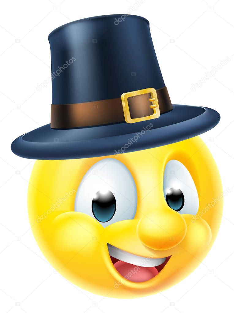 Cartoon thanksgiving emoji emoticon wearing a pilgrims hat