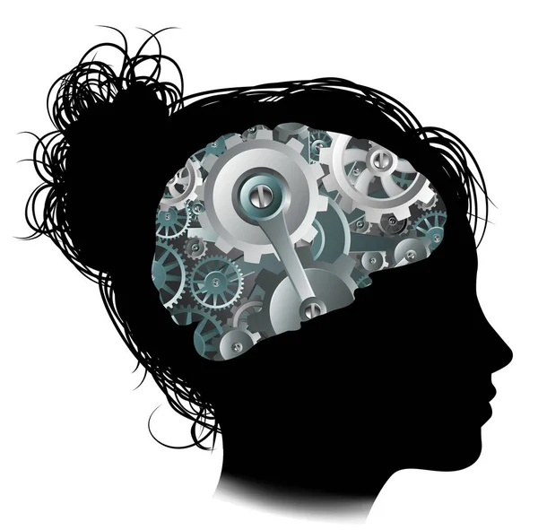 Μηχάνημα γρανάζια εργαλεία πωληθέντων εγκέφαλος γυναίκα ιδέα — Διανυσματικό Αρχείο