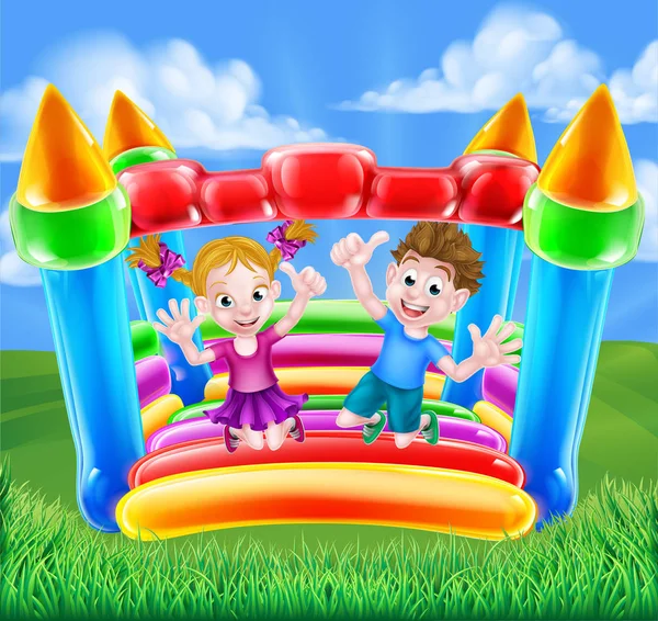 Kreslené děti na bouncy hradě — Stockový vektor