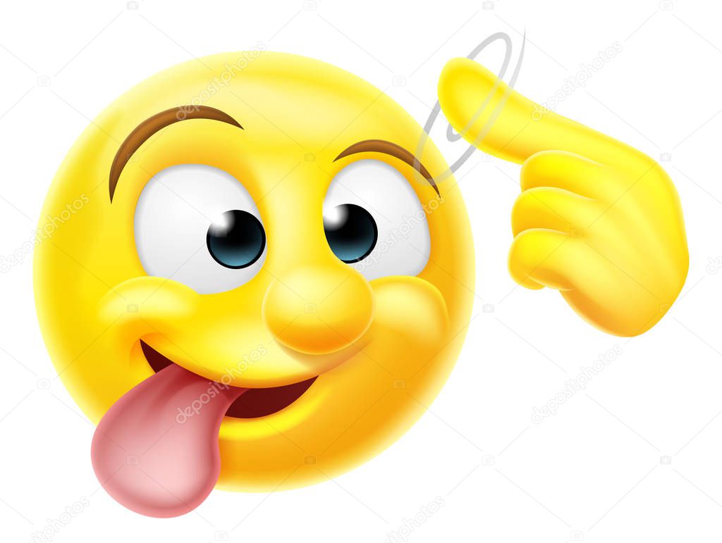 A happy emoji emoticon smiley face character pointing at his or her head making a screw loose gesture
