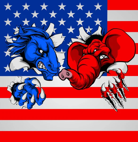 Democrata Republicano Elefante Burro Luta —  Vetores de Stock