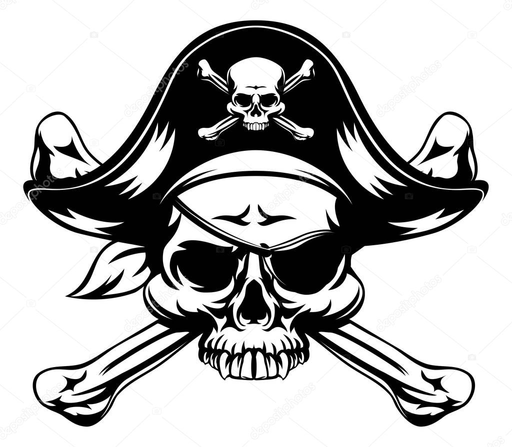 Skull and crossbones pirate jolly roger wearing hat and eye patch
