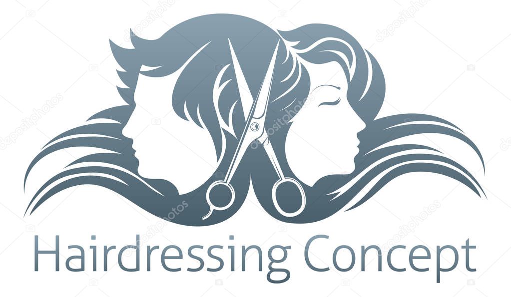 A man and woman and hairdresser scissors concept