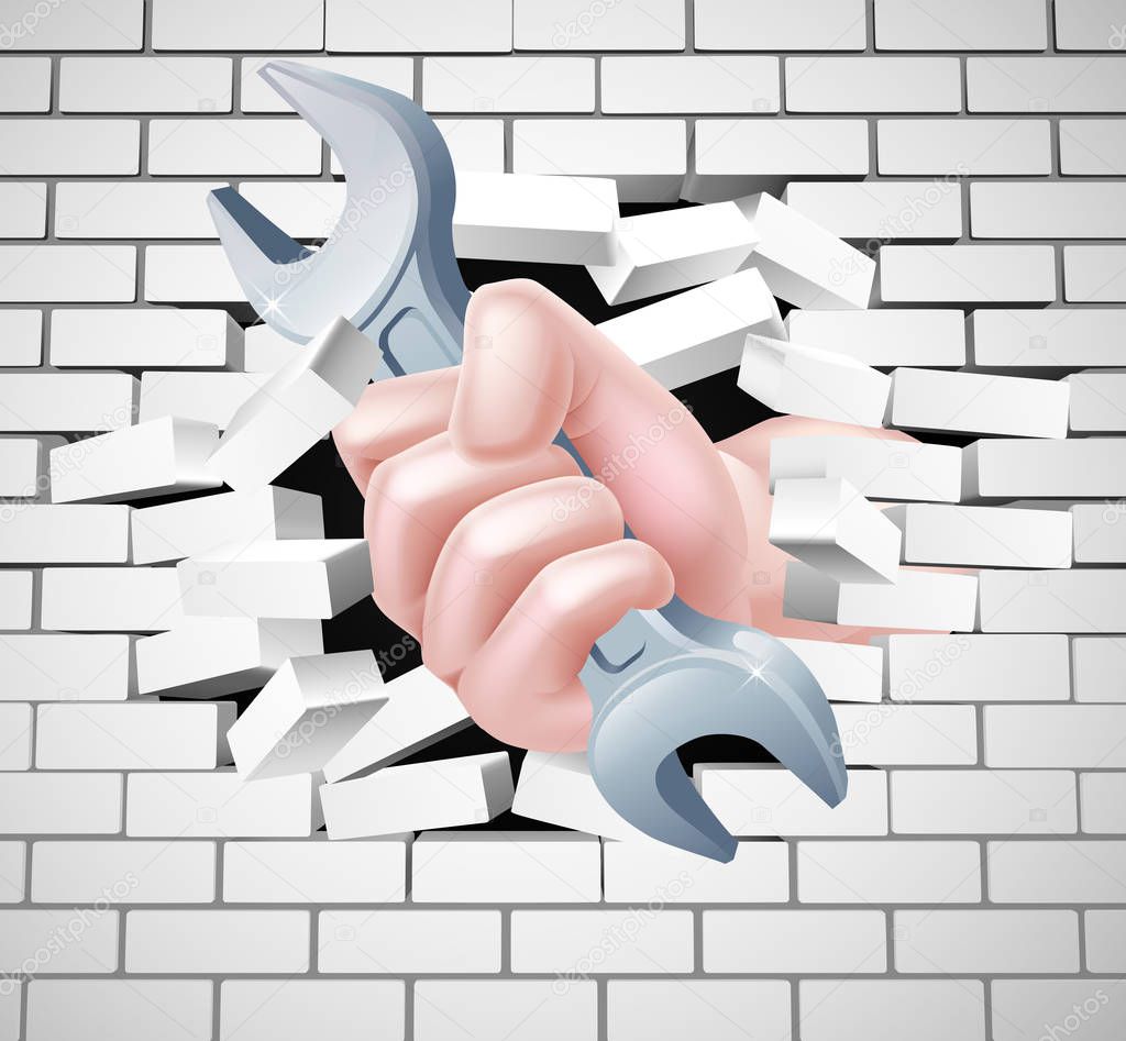 Conceptual illustration of a hand holding a spanner breaking through a white brick wall
