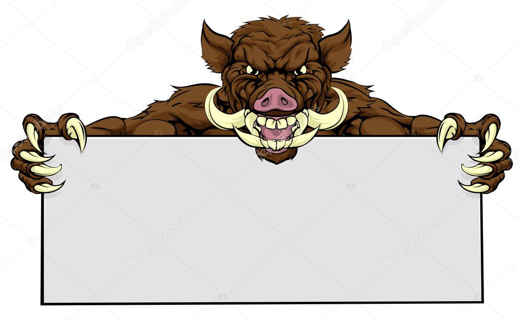 A mean looking boar razorback mascot holding a sign