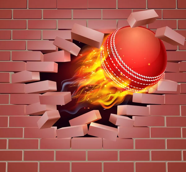 Flaming Cricket Ball Breaking Through Brick Wall — Stock Vector