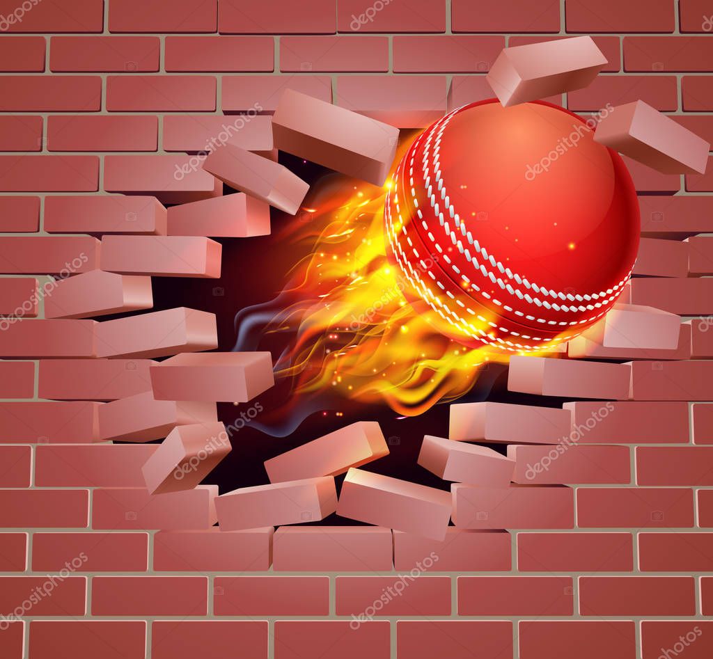 An illustration of a burning flaming cricket ball on fire tearing a hole through a brick wall