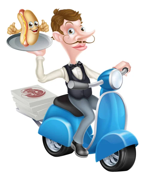 Cartoon Butler on Scooter Moped Delivering Hot Dog — Stock Vector