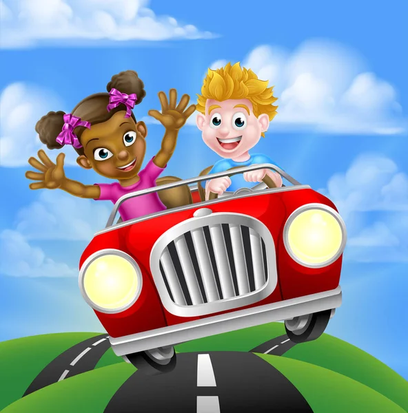 Cartoon Girl and Boy Driving Car - Stok Vektor