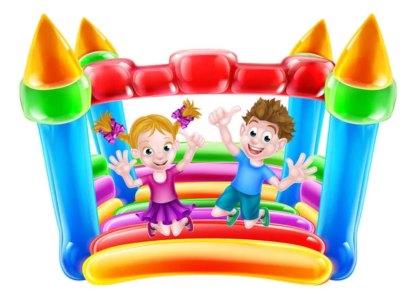 Barn hoppar på uppblåsbara slottet — Stock vektor