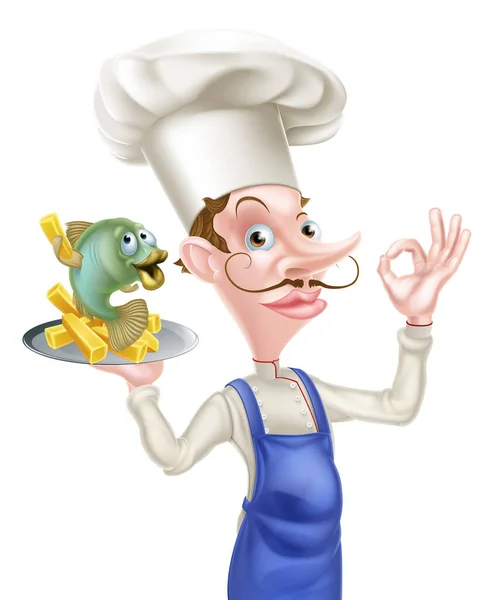 Cartoon Chef met vis en chips — Stockvector