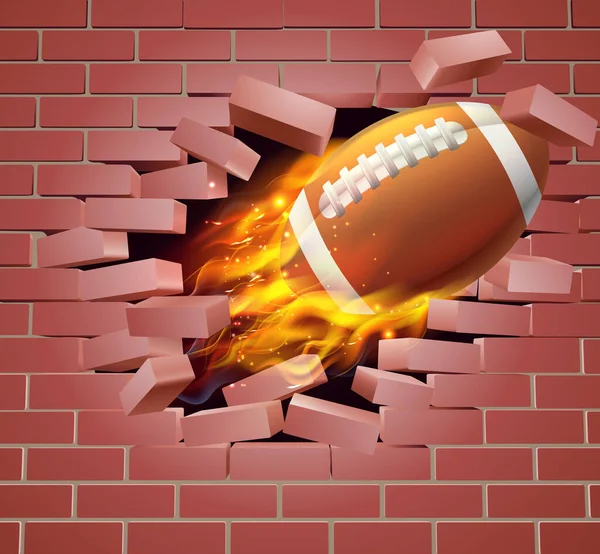 Bola de futebol americano flamejante rompendo através da parede de tijolo — Vetor de Stock