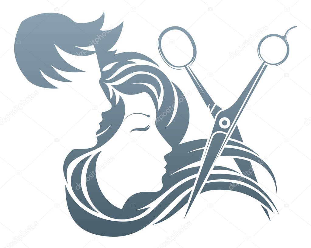 A man and woman having her hair cut by hairdresser scissors.