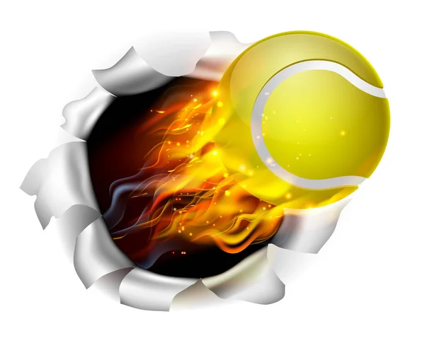 Flammender Tennisball reißt Loch in den Hintergrund — Stockvektor
