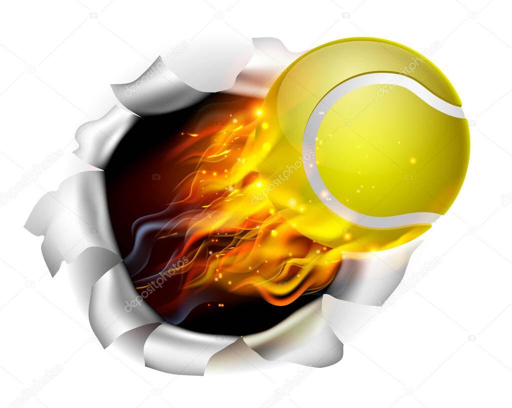 An illustration of a burning flaming tennis ball on fire tearing a hole in the background