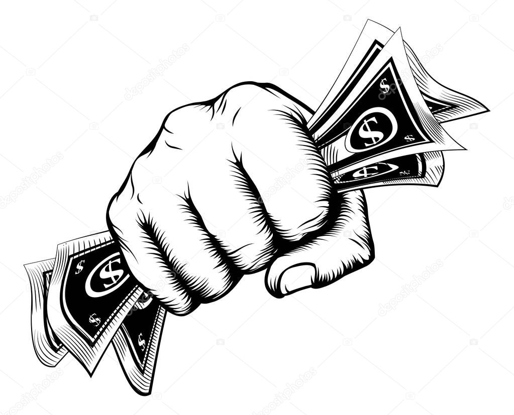 A fist holding cash money dollar bills in a vintage woodcut style