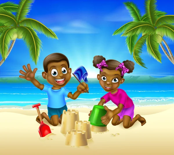 Crianças dos desenhos animados na praia — Vetor de Stock