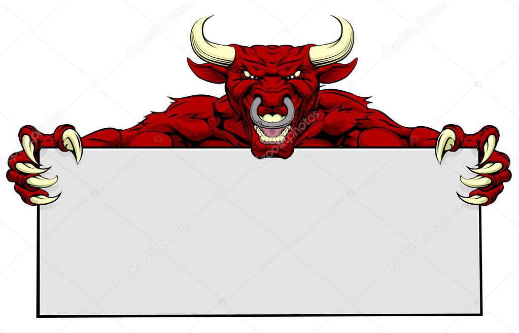 A bull sports mascot holding a signboard