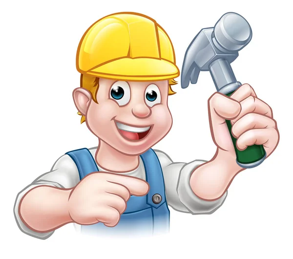 Carpenter Handyman in Hard Hat Holding Hammer Tool — Stockový vektor