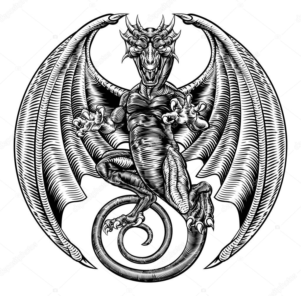 A winged dragon in an engraved etching woodcut style