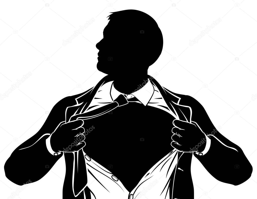 A superhero business man tearing his shirt showing the chest of his costume underneath with copyspace