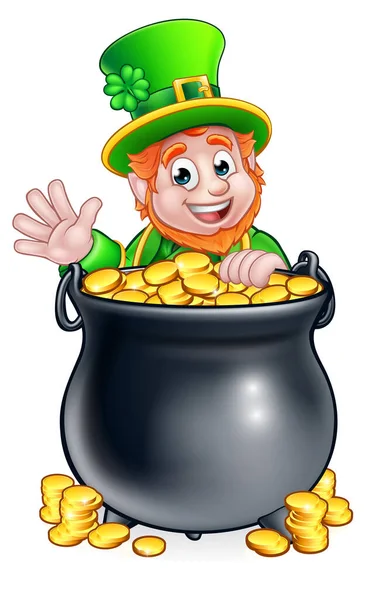 St Patricks Day Leprechaun and Pot of Gold — Stock Vector