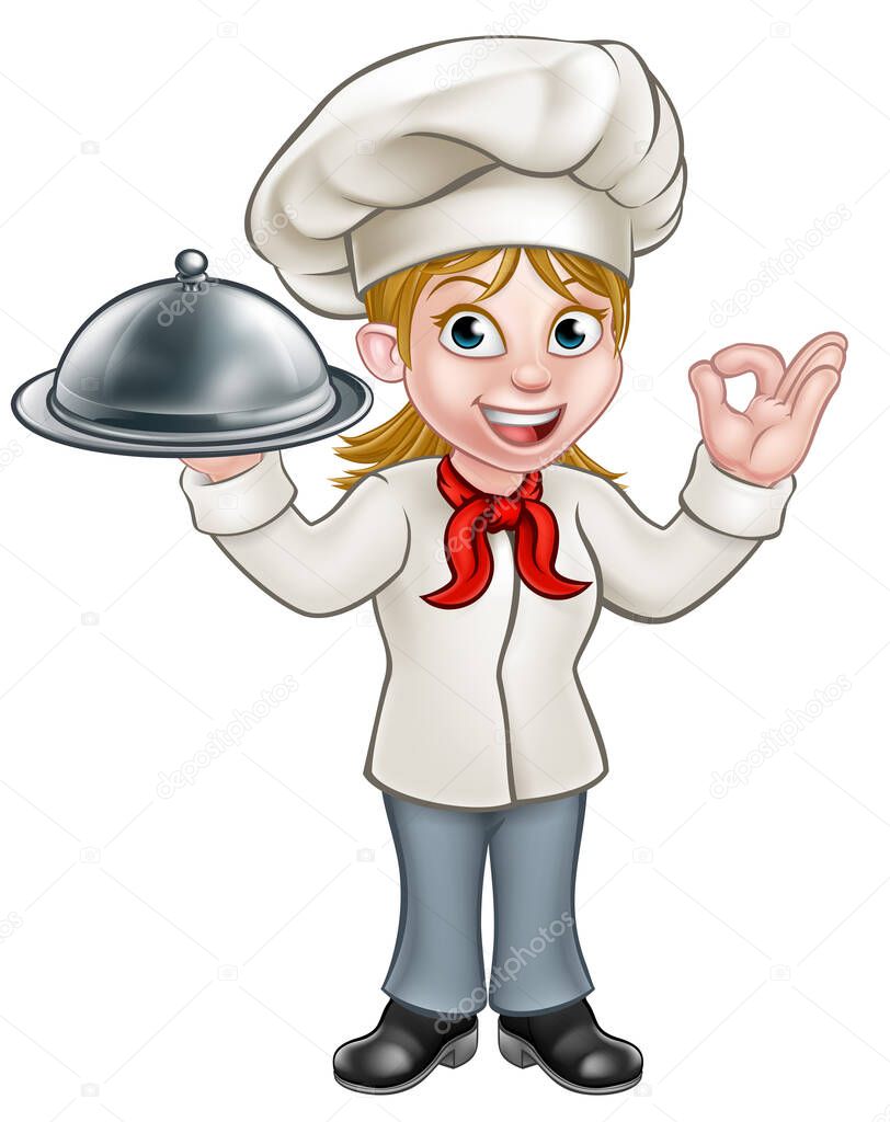 Cartoon woman chef or baker holding a silver cloche food meal plate platter and giving a perfect okay delicious cook gesture