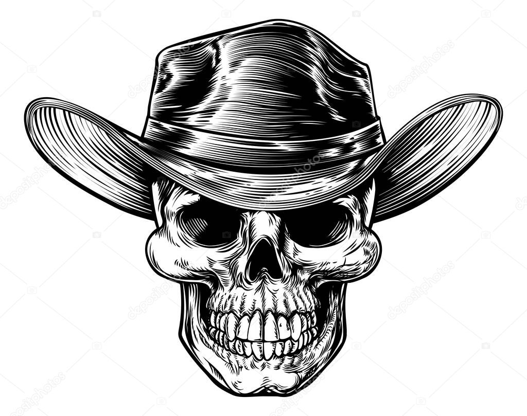 Skull cowboy drawing in a vintage retro woodcut etched or engraved style