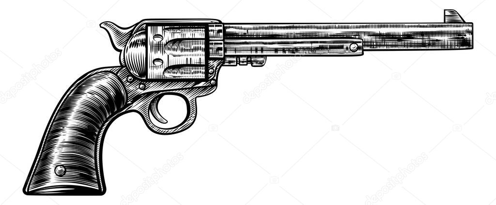 Gun revolver handgun six shooter pistol drawing in a vintage retro woodcut etched or engraved style