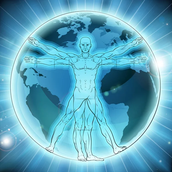 Vitruvian Man Earth Globe World Background — Vector de stoc