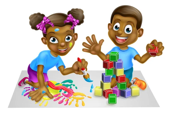 Niño y niña jugando con bloques y pintura — Vector de stock