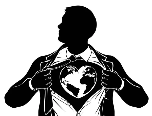 Globe Heart Business Superhero Tearing Shirt Chest — Stock Vector